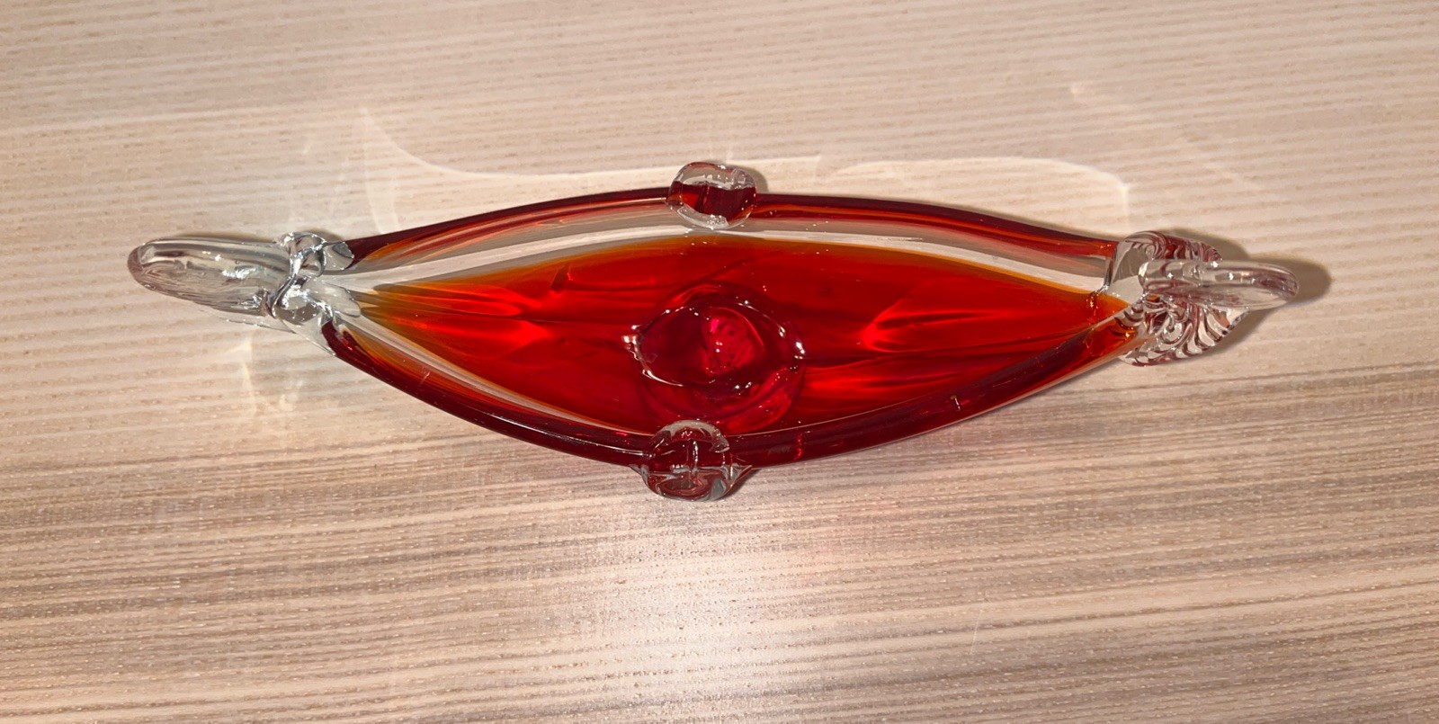 Vintage Murano Style Glass Ashtray Ruby Red Gondola Shape MCM 7.25”
