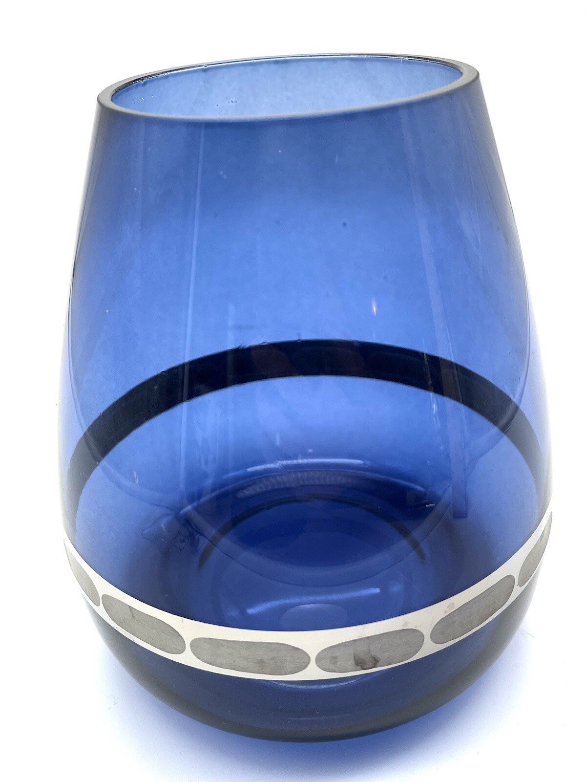 Sapphire Cobalt Tear Drop Flower Vase 6” With Decorative Silver Band