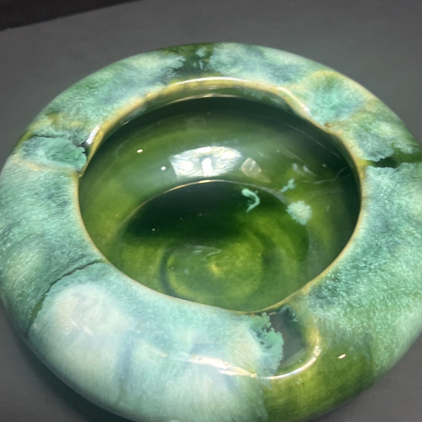 MCM Blue Green Drip Glaze Pottery ASHTRAY w/ 3 Cigarette Cigar Slots ~ VINTAGE