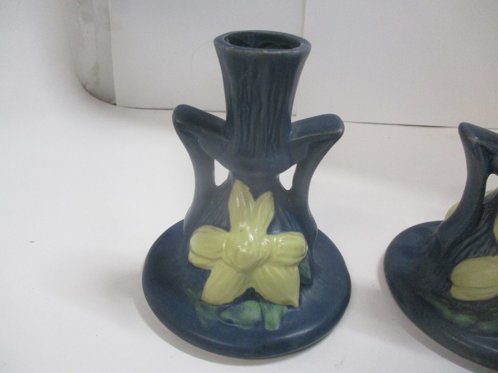 2 Repro Roseville Blue Clematis Candle Sticks Holders