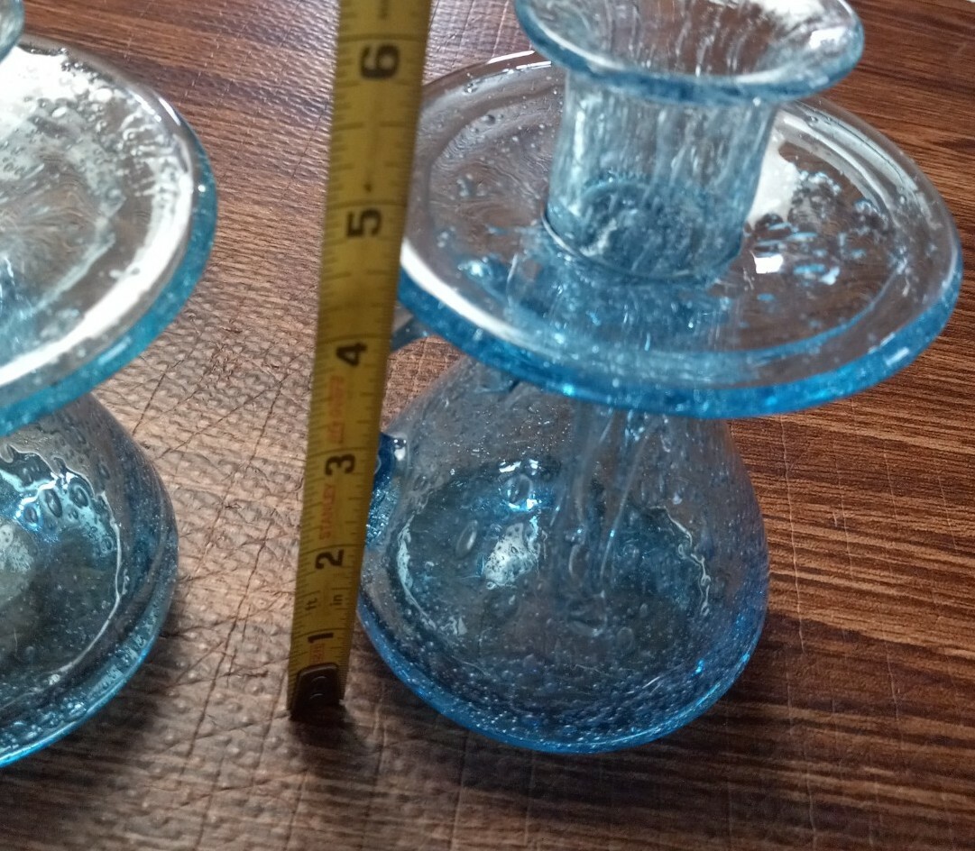 Hand Blown Blue Glass Set Of 2 Candle holders & Bowl