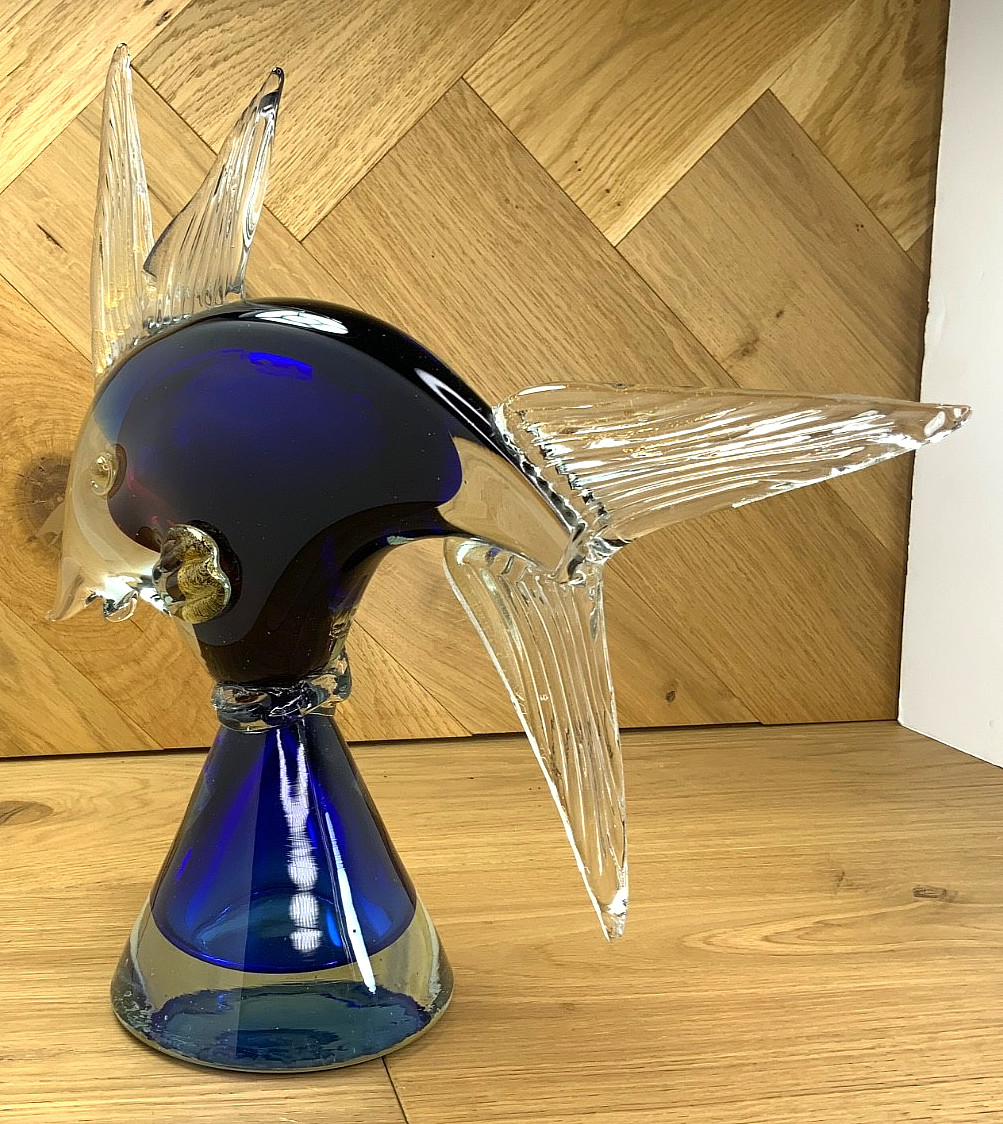 Vintage 1970s Murano Style Glass Fish Sculpture Blue Purple Clear Gold 14 Inch