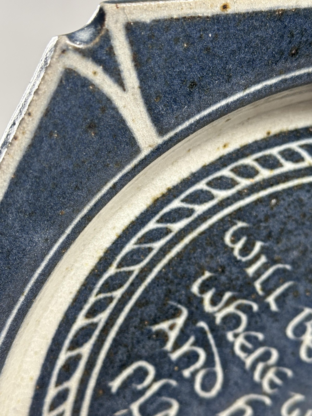 Studio Pottery Stoneware Hexagon Quote Plate Blue White GW Signed T S Eliot