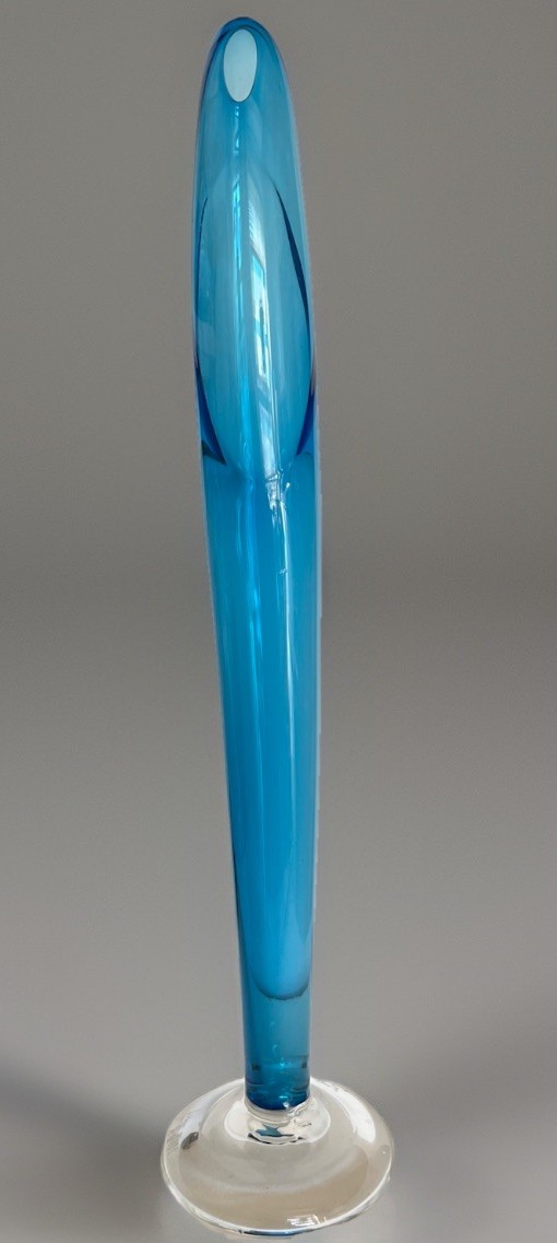 Vintage Fine Finé 2001 Signed Studio Art Glass Swung Bud Vase Blue Aqua 17”H