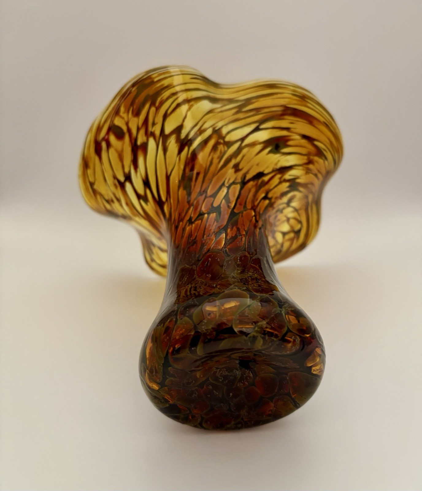 Hand Blown Feathered Art Glass Sculpture Vase Amber Brown Ruffled Art