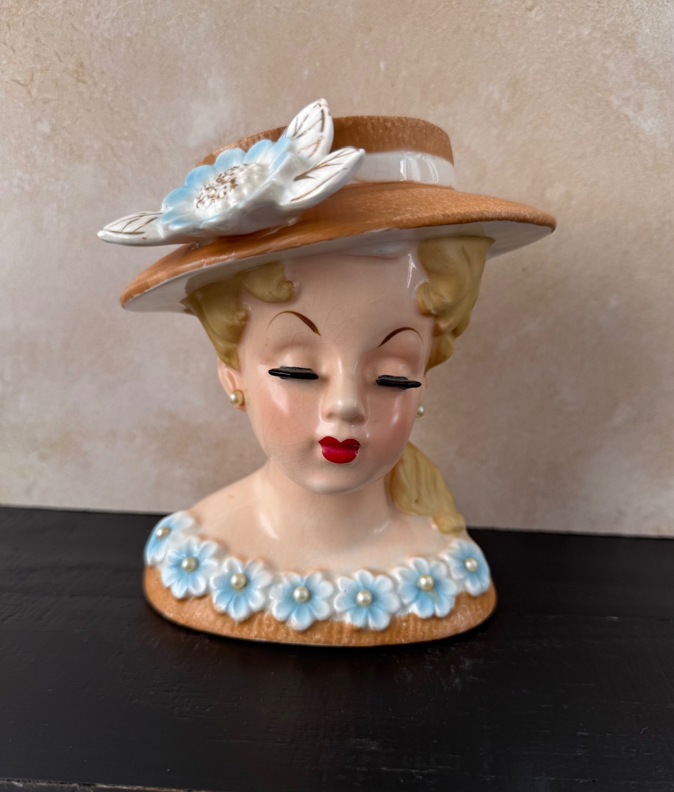 VINTAGE LADY HEAD VASE RUBENS BLONDE BURNT ORANGE DRESS HAT APPLIED FLOWER 5.5”