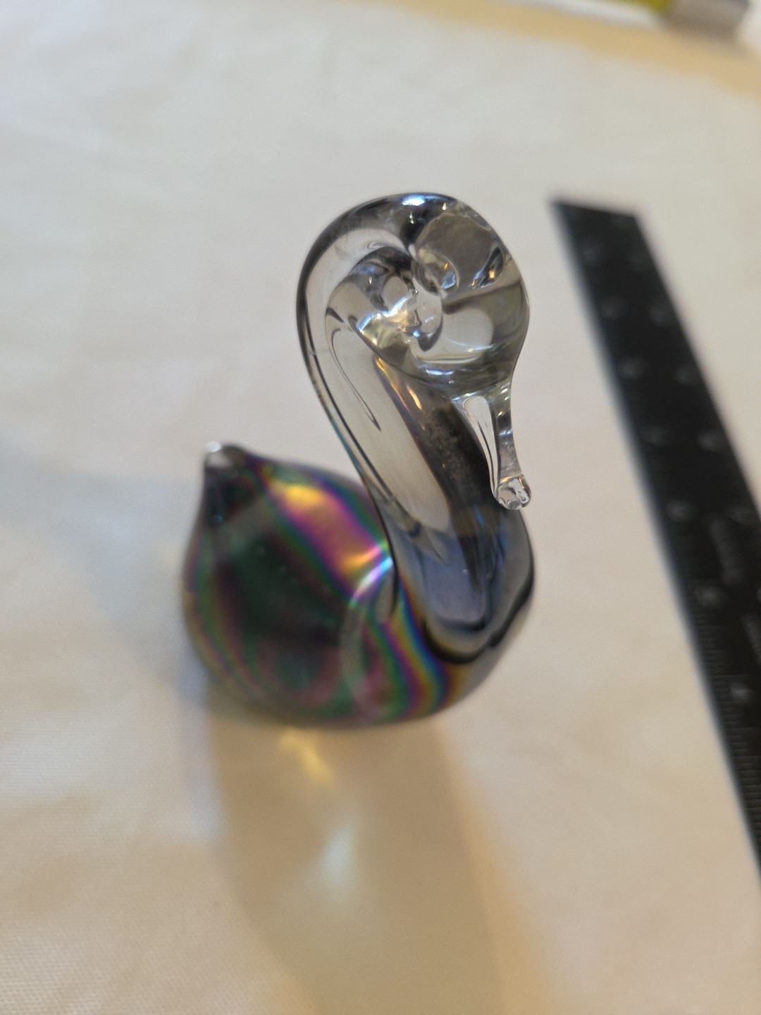 Vtg Rainbow Oil Slick Gray To Clear Hand Blown Glass Swan Paperweight 4”