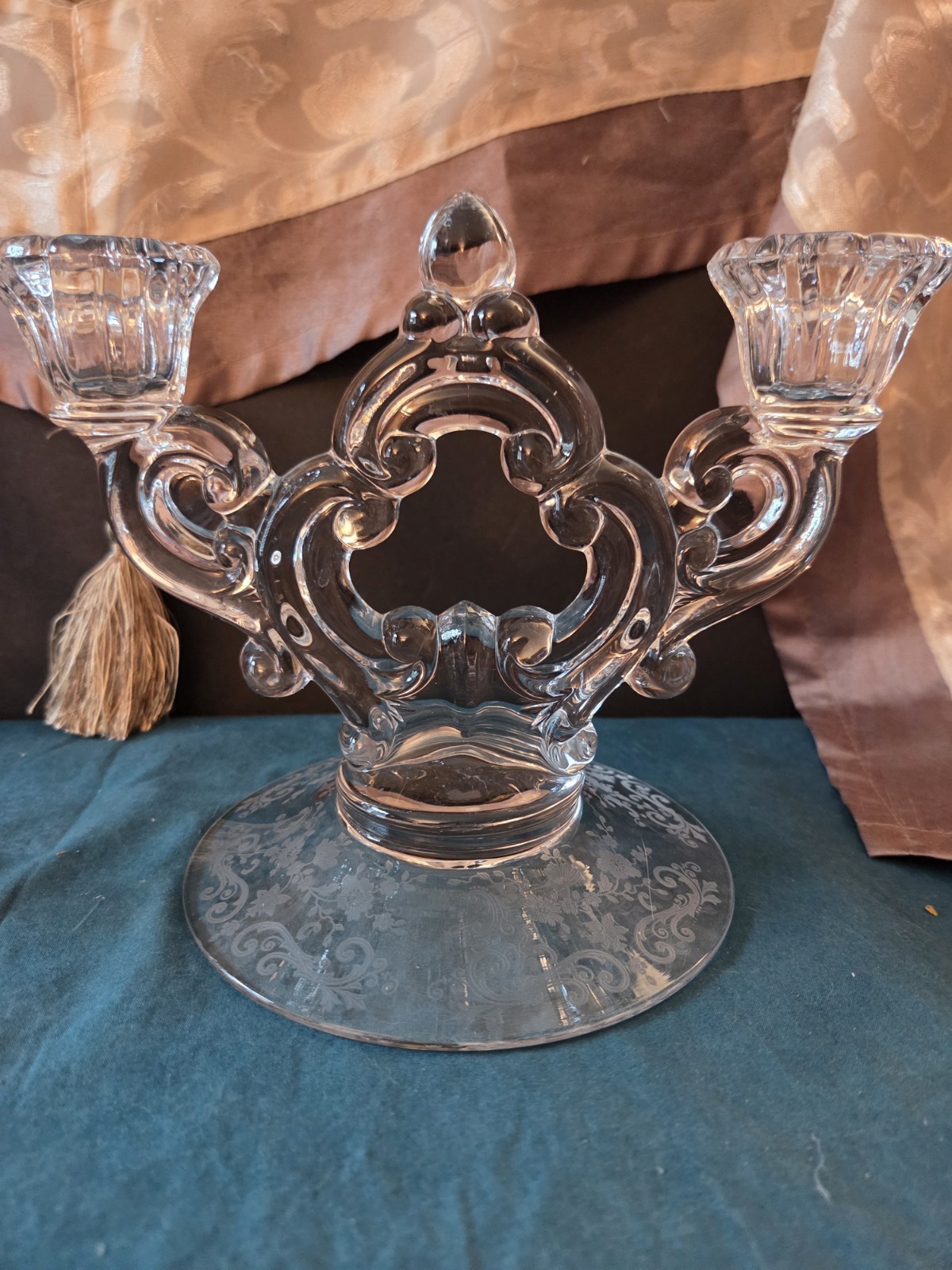 Vintage Cambridge Glass Rose Point Pristine Pair Keyhole 2-Light Candelabras 340