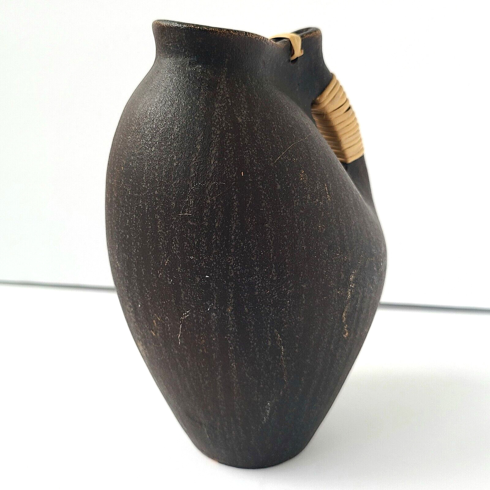 Handmade Terracotta Pottery Pitcher Brown Jug Rattan Wrapped Handle Philippines