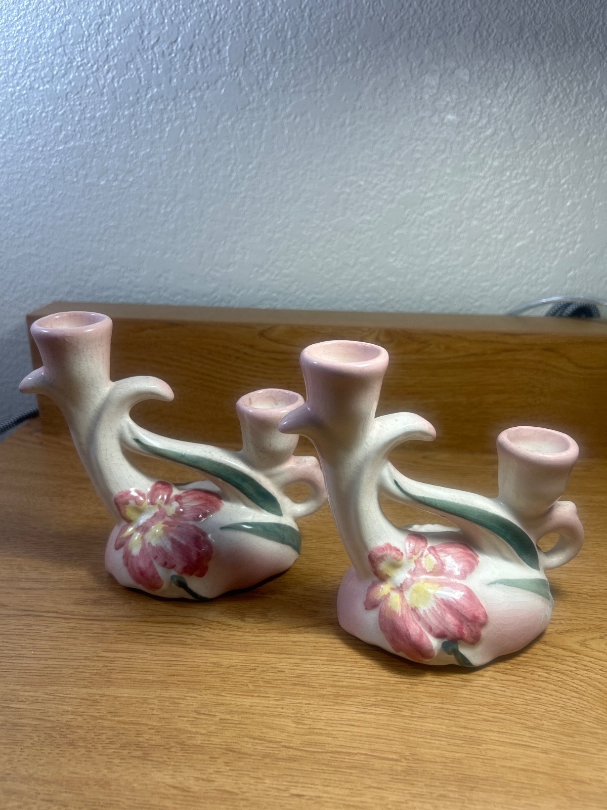 vintage Camark Pottery double candlestick holders feature a hand-painted pink ir