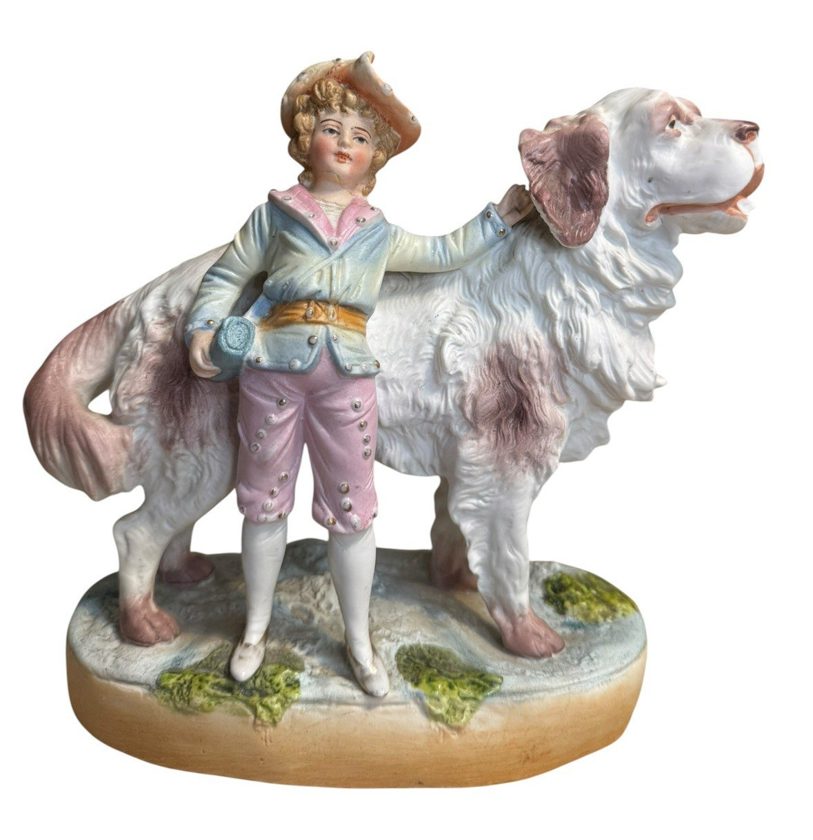 Antique German Bisque Porcelain Boy & St Bernard Dog Figurine DEP 11025