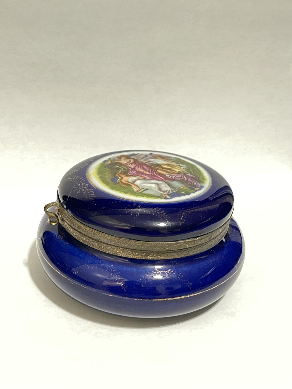 Vintage Cobalt Blue Porcelain Hinged Trinket Box Floral Victorian Scene Japan