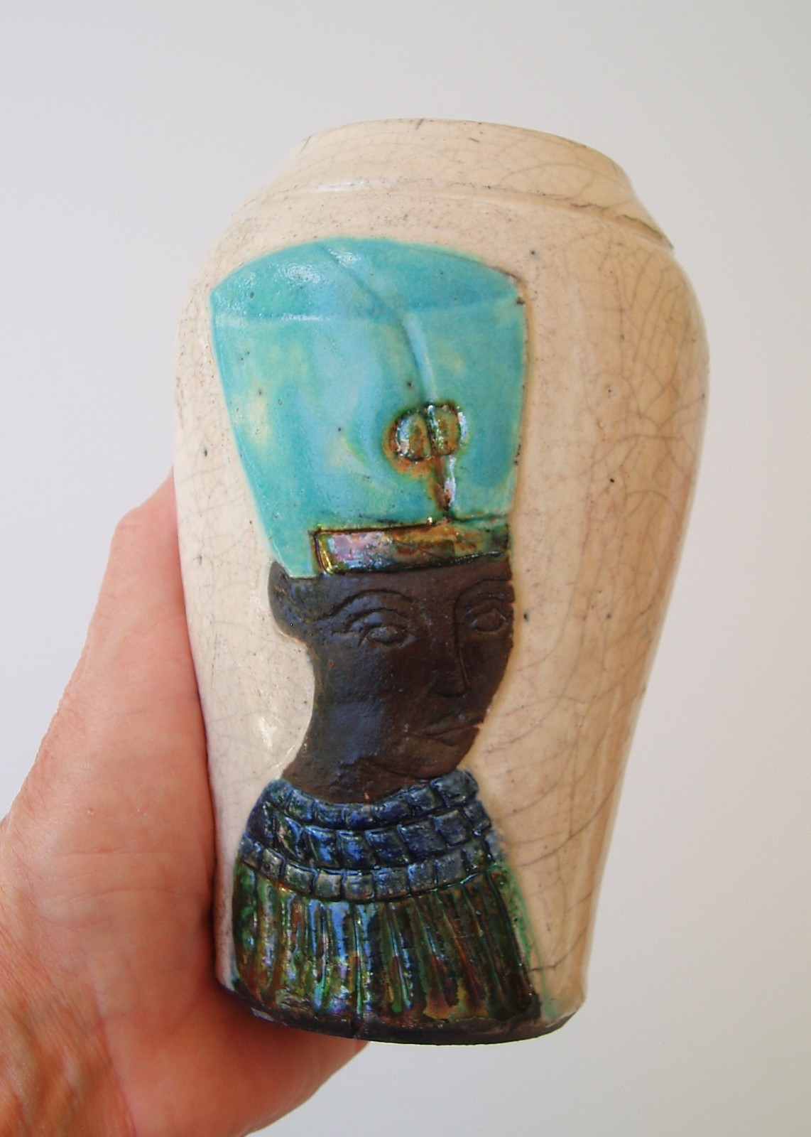 Vintage Queen Nefertiti Egyptian Style Vintage Vase Raku Pottery Signed WJG 1992