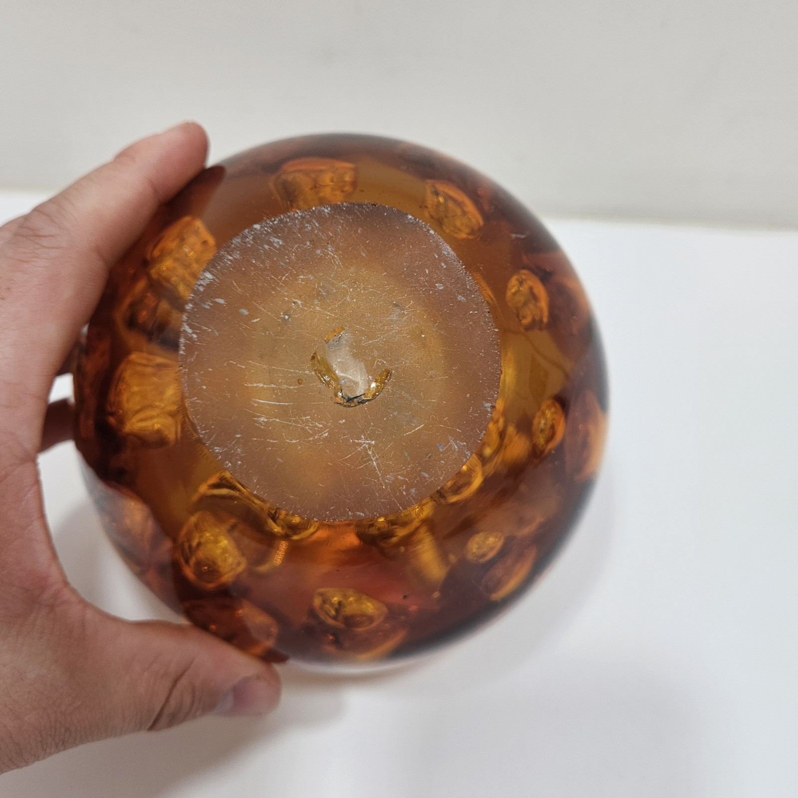 Paper Weight About 7lbs, 5” Round Orb Amber Gold Orange Large Controlled Bubbles