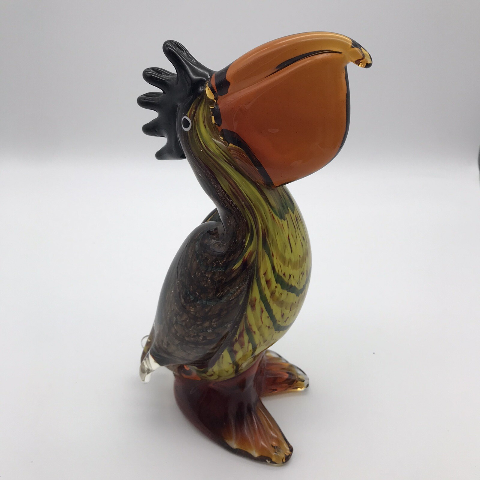 Art Glass Pelican Bird Animal Colored Flecks Green Yellow Amber Color Heavy READ