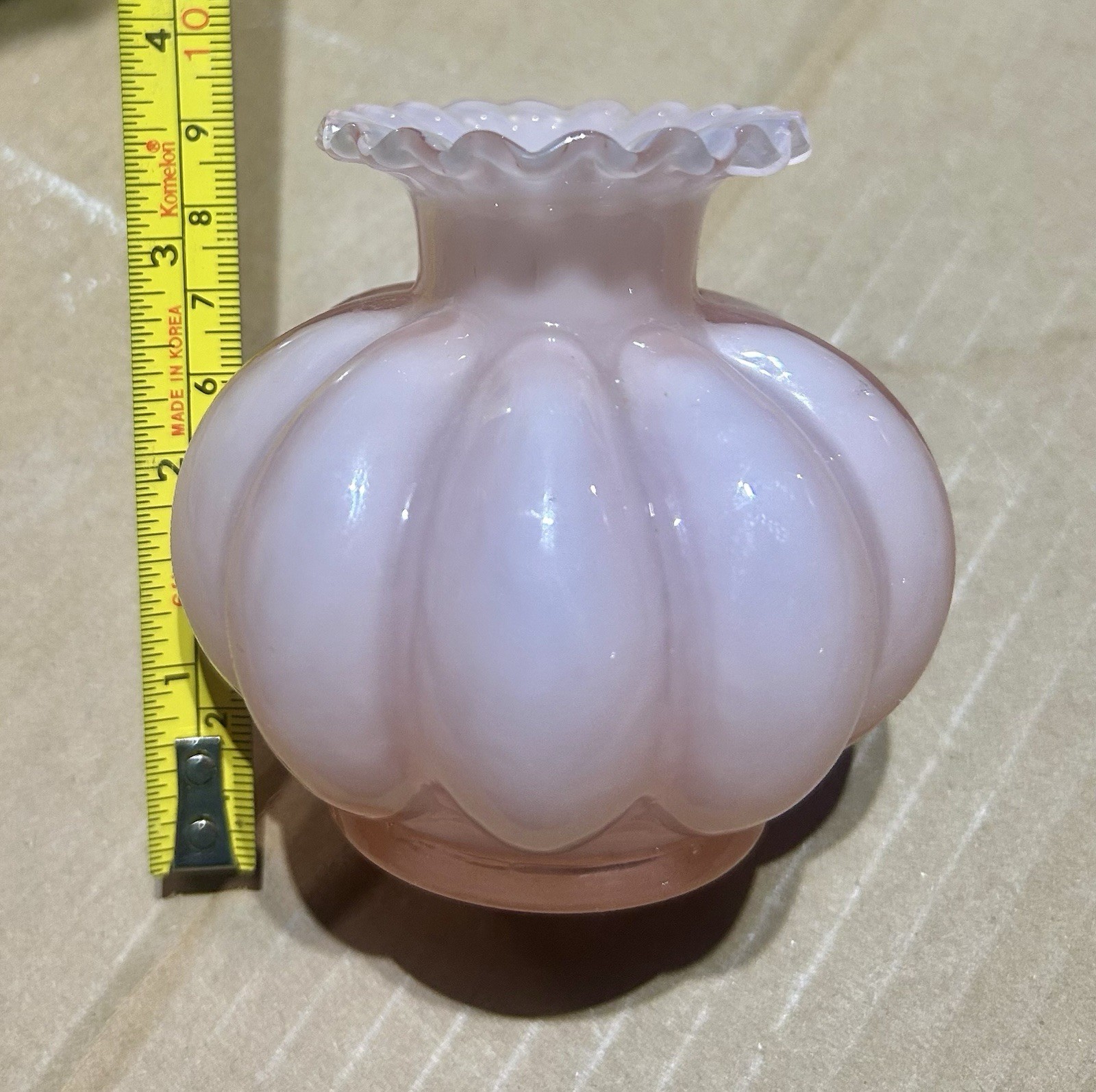 Fenton Small Melon Boudoir Bottle Vase Vanity Pink Glass Pink Ruffle Edge