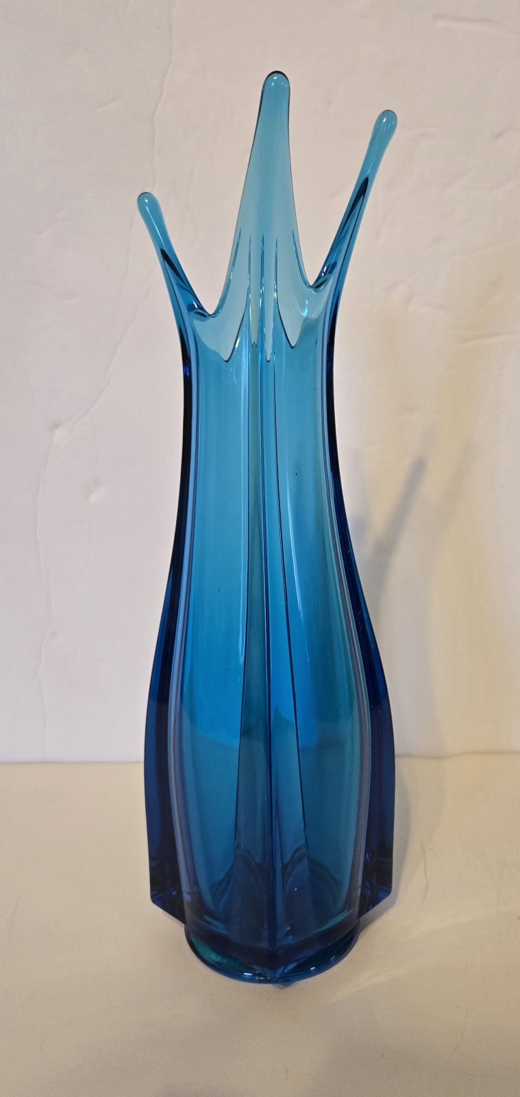 Vintage MCM LE Smith Peacock Blue 4 Finger Square Swung Art Glass Vase Mid-Centu