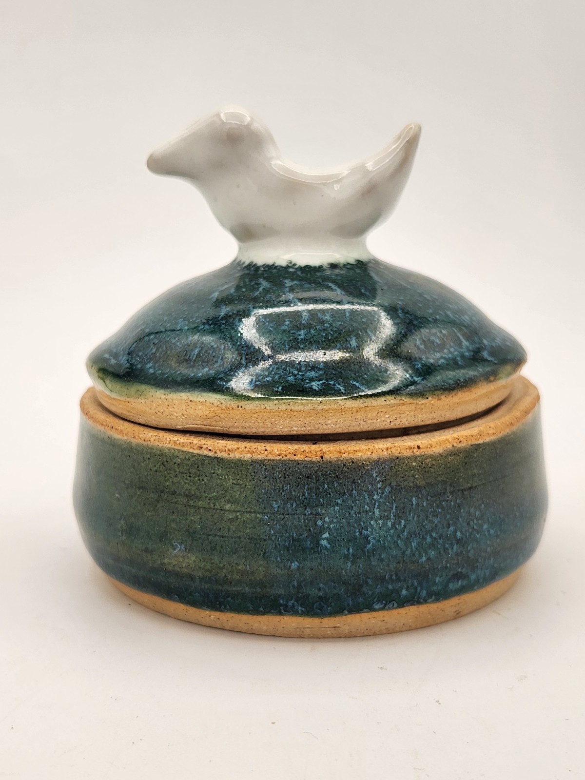 Studio Art Pottery SIGNED Rosie Maloney Green Glaze Lidded Bird Trinket Box