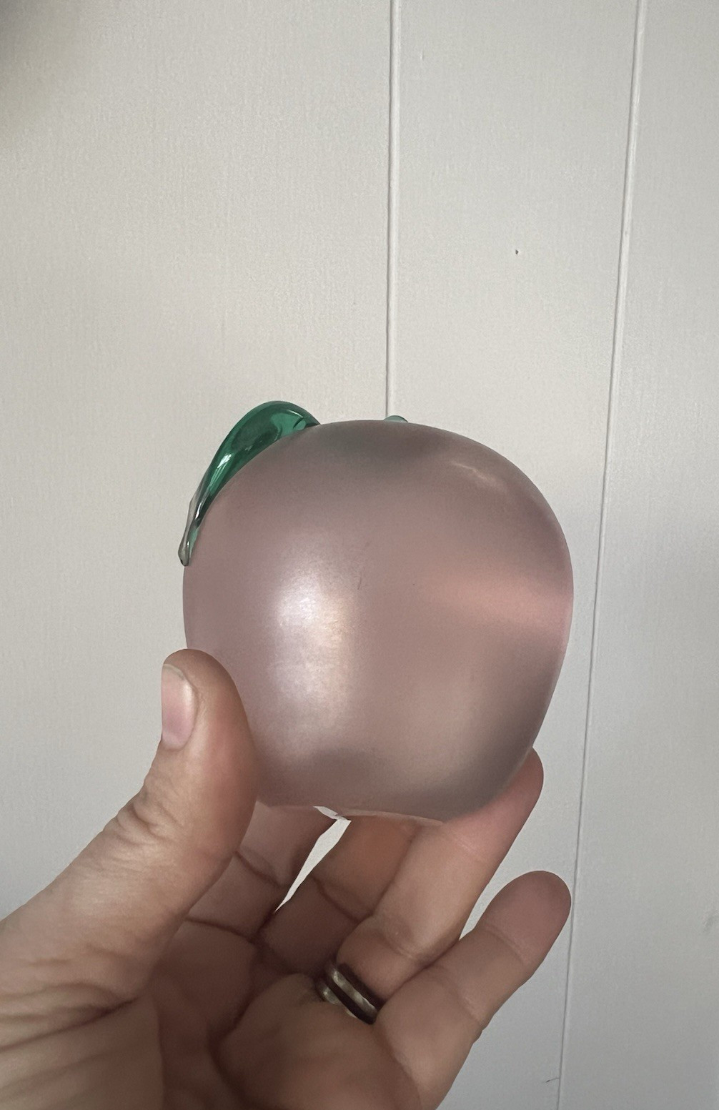 Silvestri Art Glass Light Pink Apple Paperweight Green Stem & Leaf