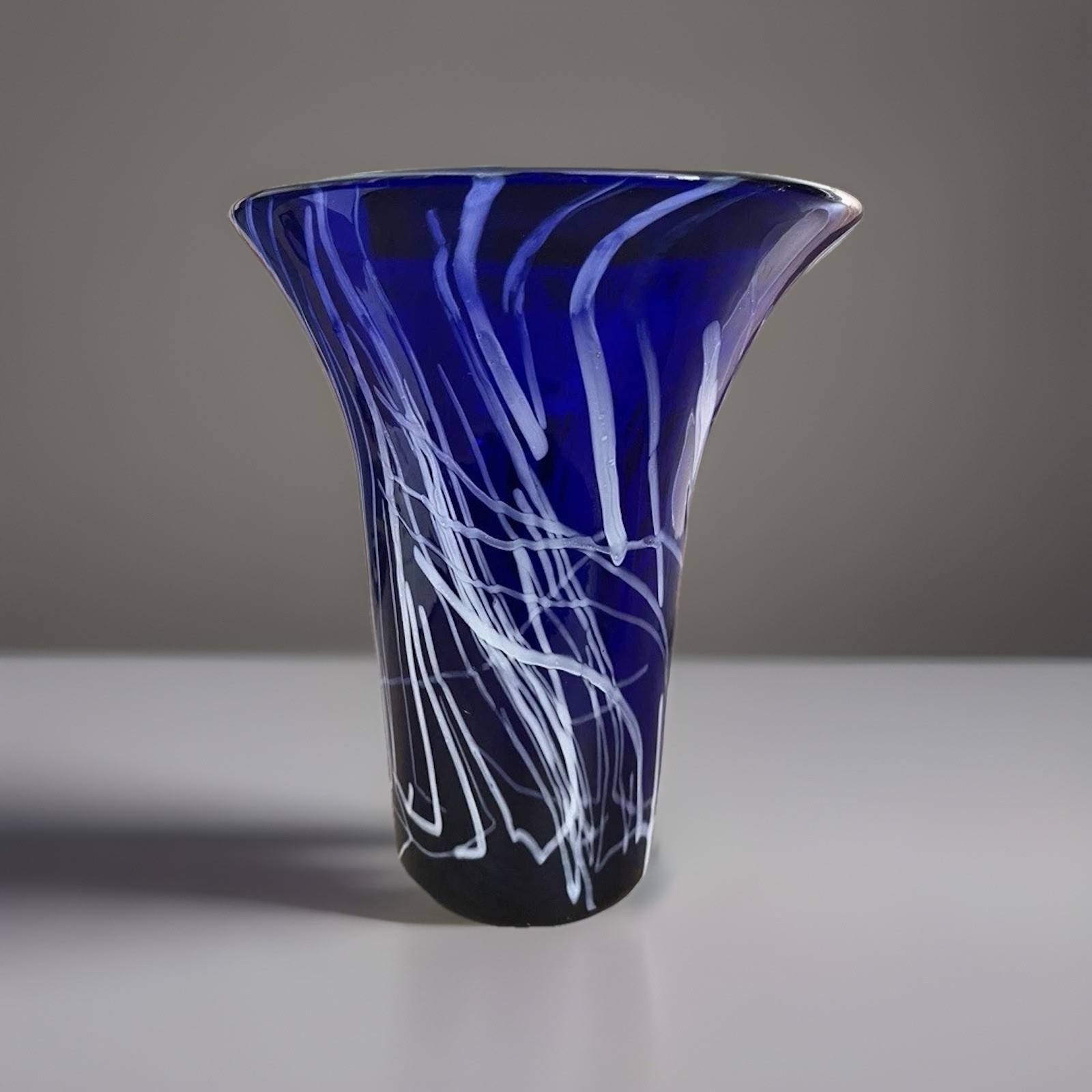 Pfeiffer Ridge Studios Murano-Style Trumpet Vase, Cobalt Blue w/ White Lines