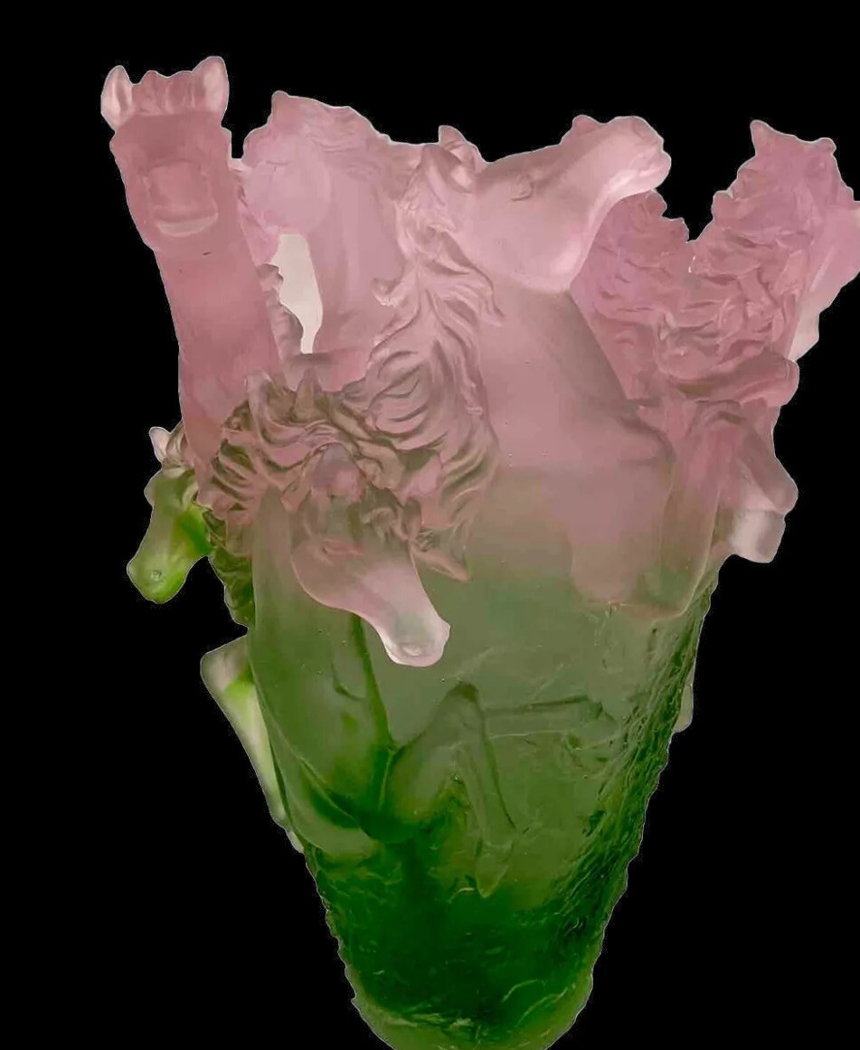 Xl Nancy Daum Style Pate De Verre Crystal Horse Vase Pink Green Ombere H10”