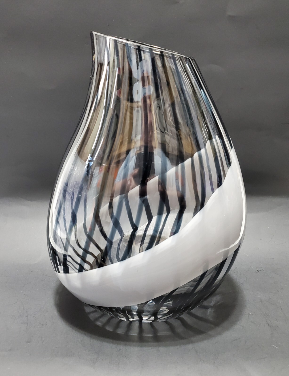 Signed Livio Seguso Vase, Murano Glass, Gray & Black Stripe On Clear, Excellent