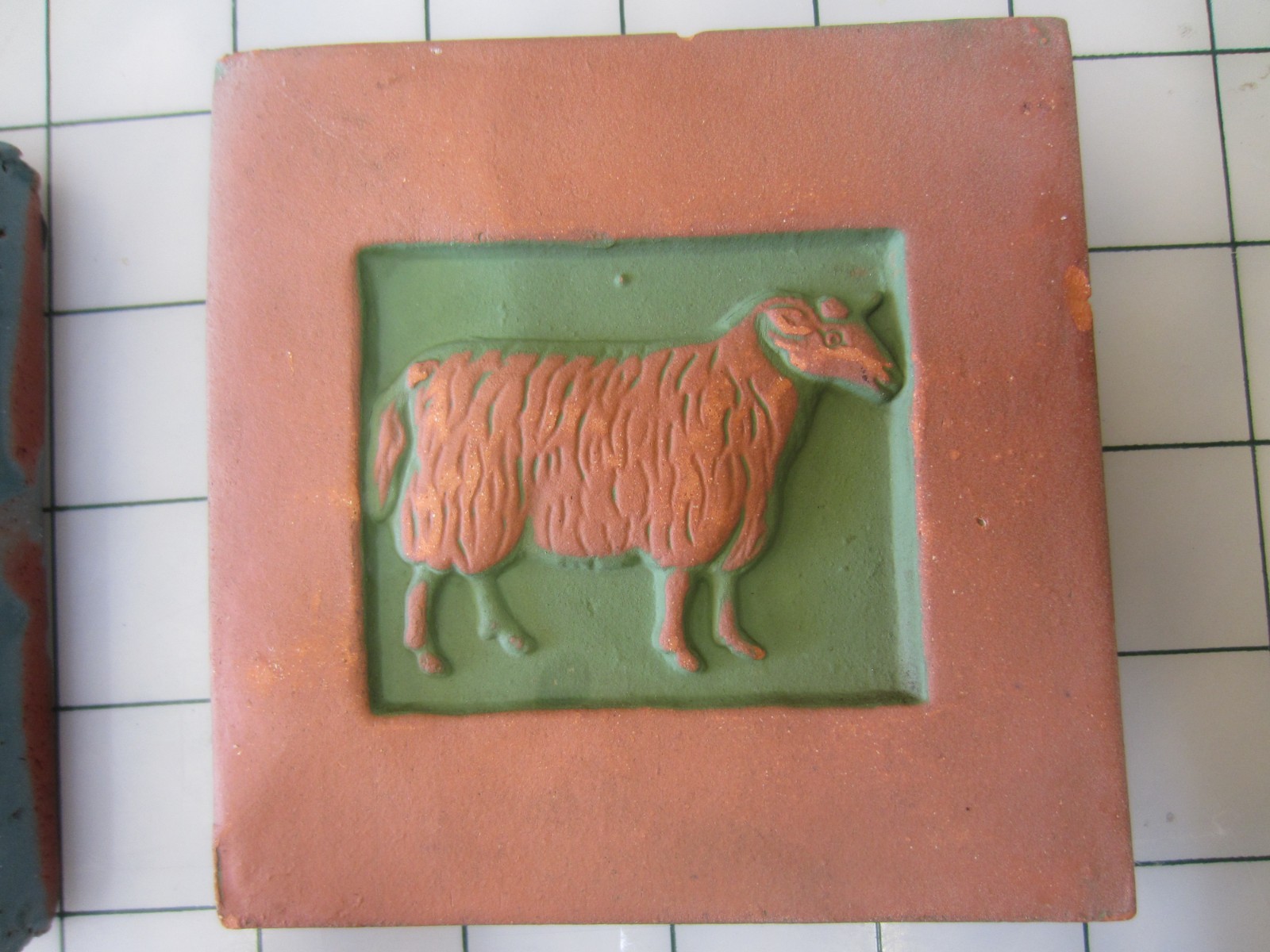 Lot of 3 Moravian Tile Works 4 x 4″ Art Pottery PA, Sheep, Wine Grapes, Artist