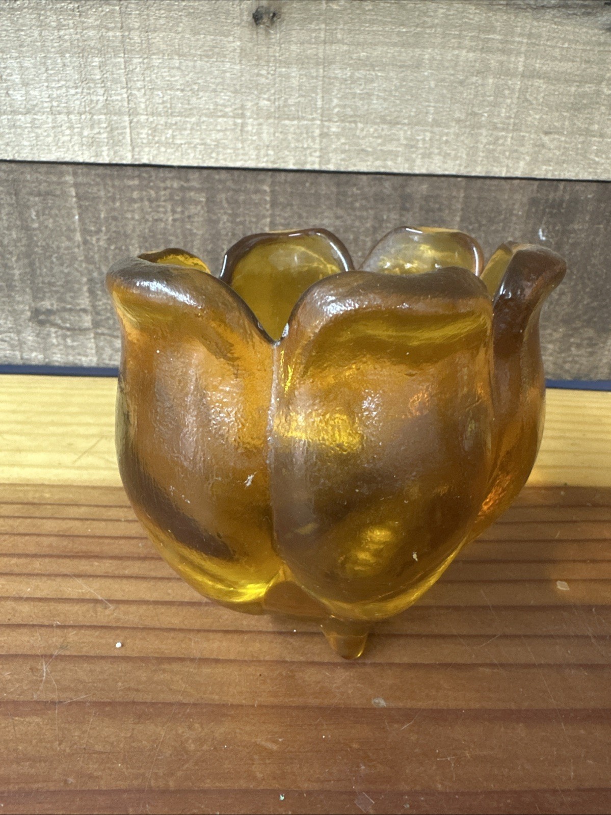 VINTAGE Amber Heavy Glass Tulip Lotus Flower Vase Bowl Candle Holder