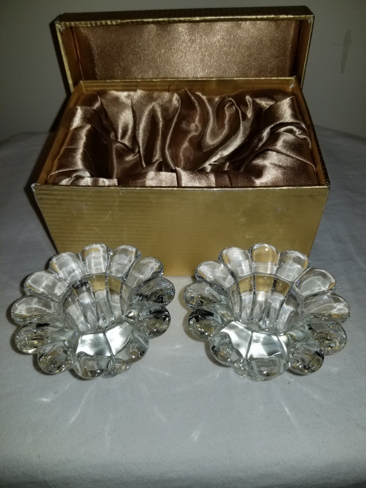 Vintage Flower Candle Holders, clear glass, NEW in box