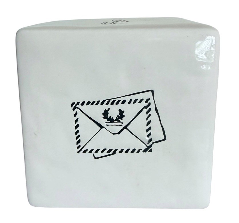 Rae Dunn Magenta M Stamped Desk Cube Paperweight Rare Ceramic Office