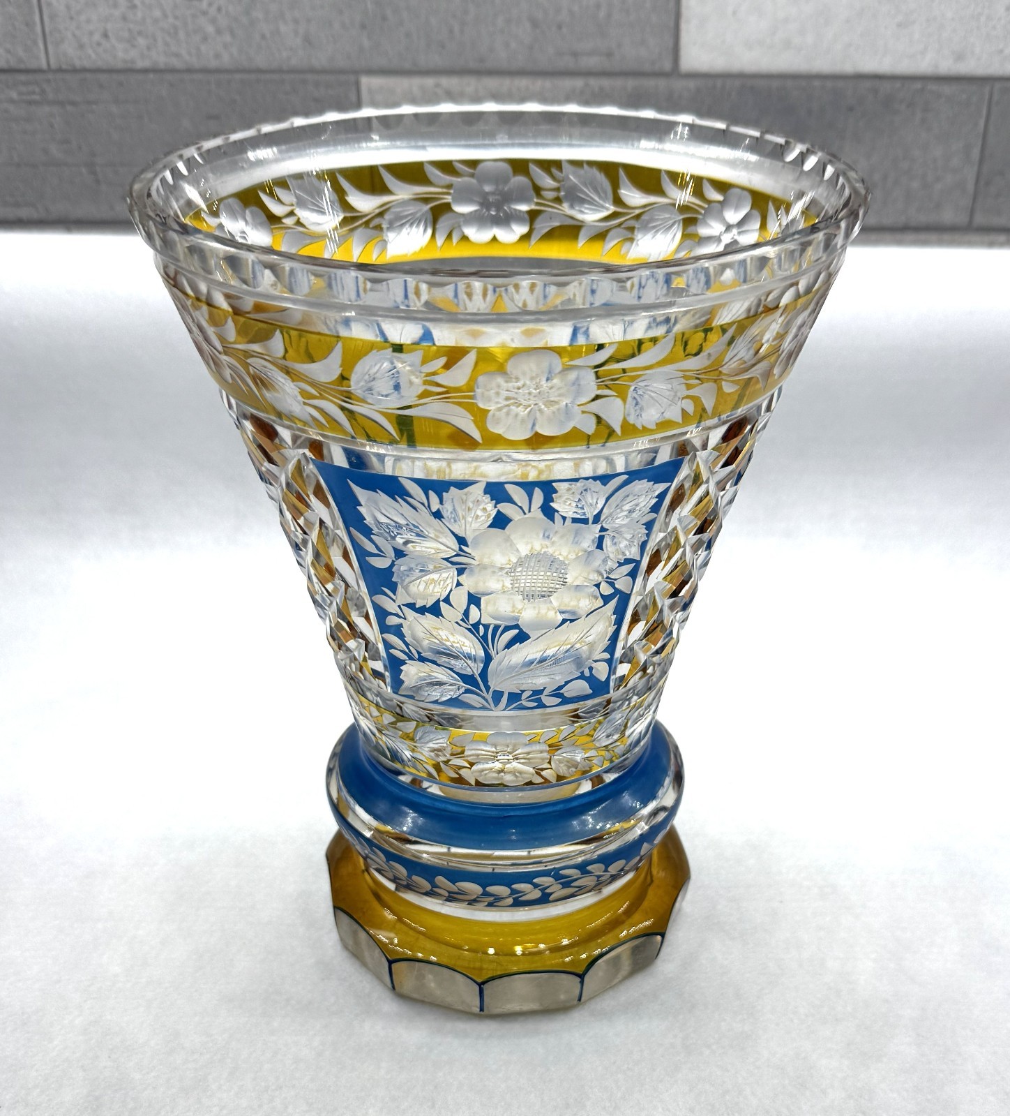 Vintage bohemian Cut To Clear crystal vase Amber Blue Yellow Floral