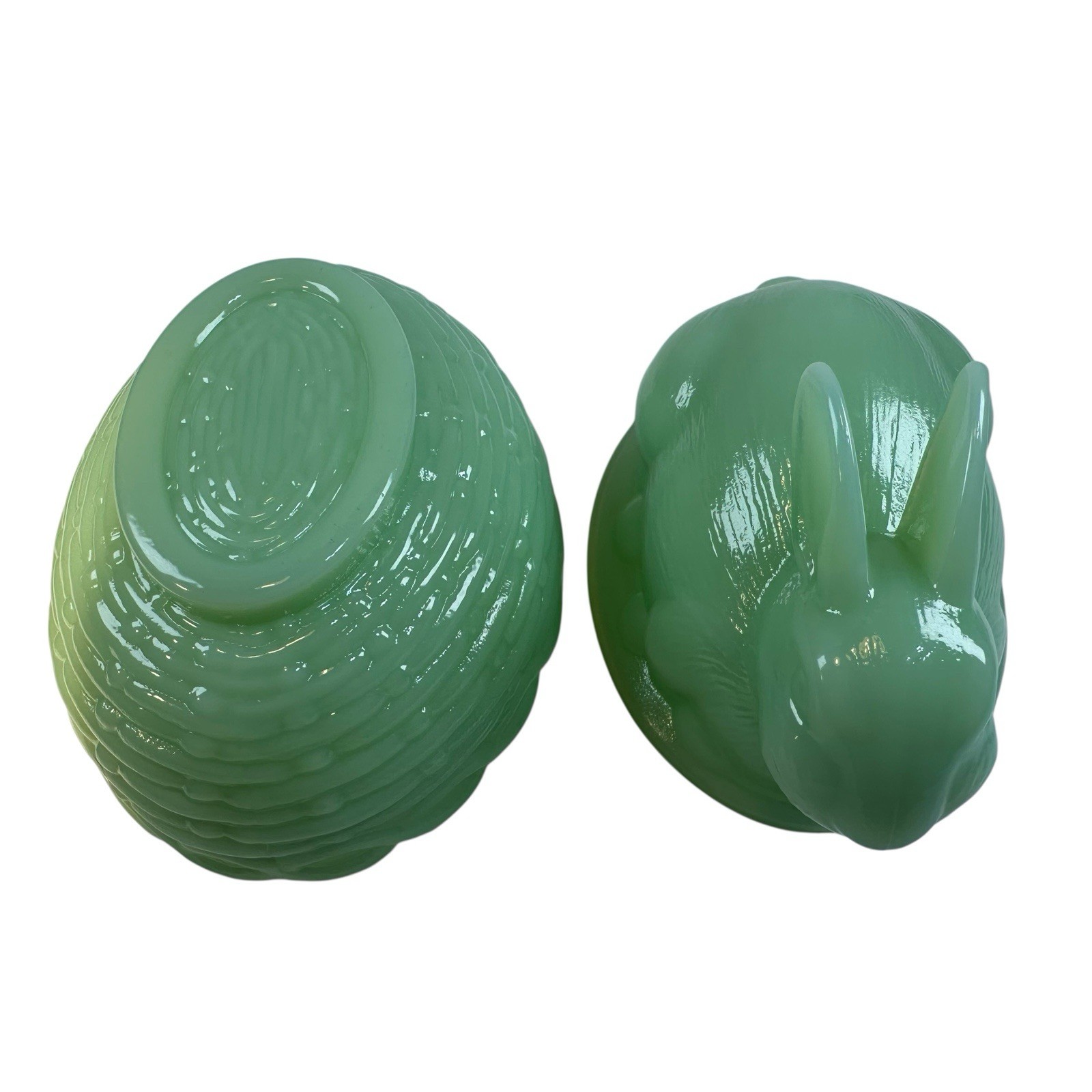 Mosser Milk Glass Bunny Rabbit On A Basket Nest Jadeite Green Covered Dish USA