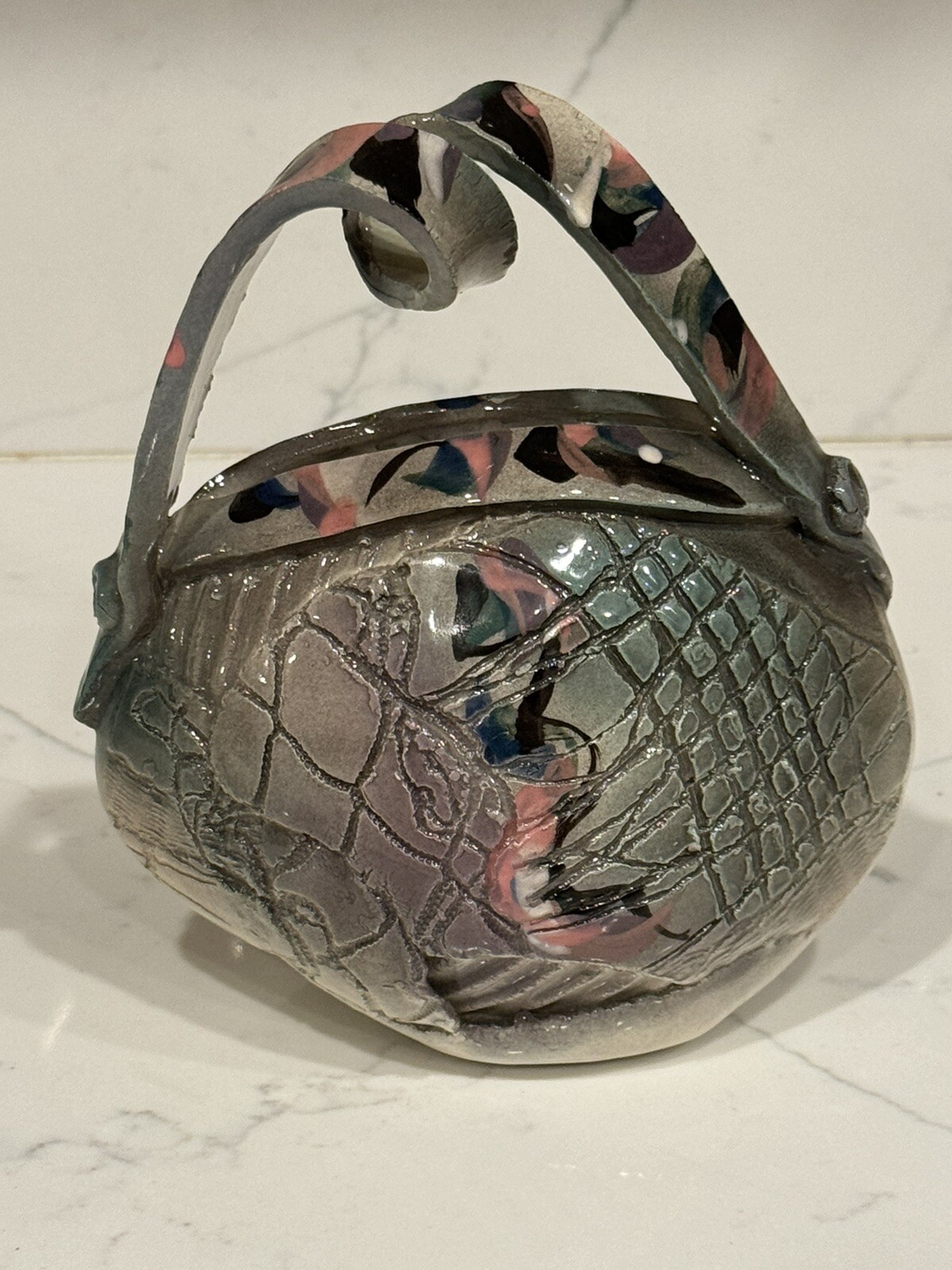Brutalist Patchwork Abstract Art Pottery Vase Purse Shape One Of A Kind Piece