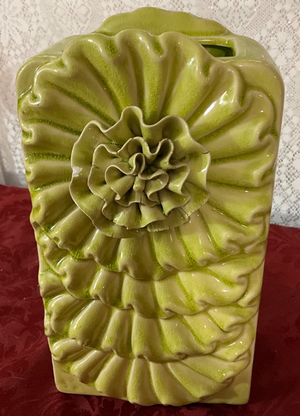 Vintage Rare Lime Green Ceramic Vase or Planter with Raised Rosette Ruffles 10’