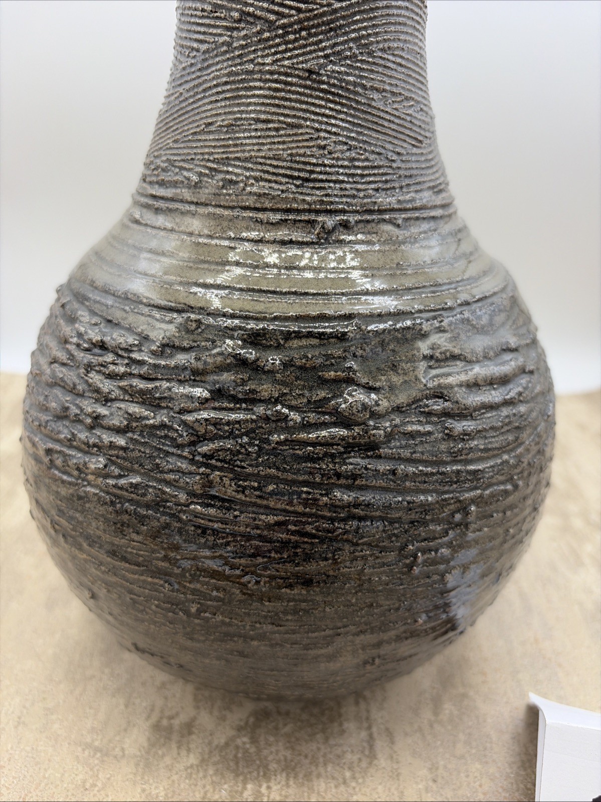 Handcrafted Studio Pottery case W/Metallic Grey Glaze & Textured Ribbed Signed