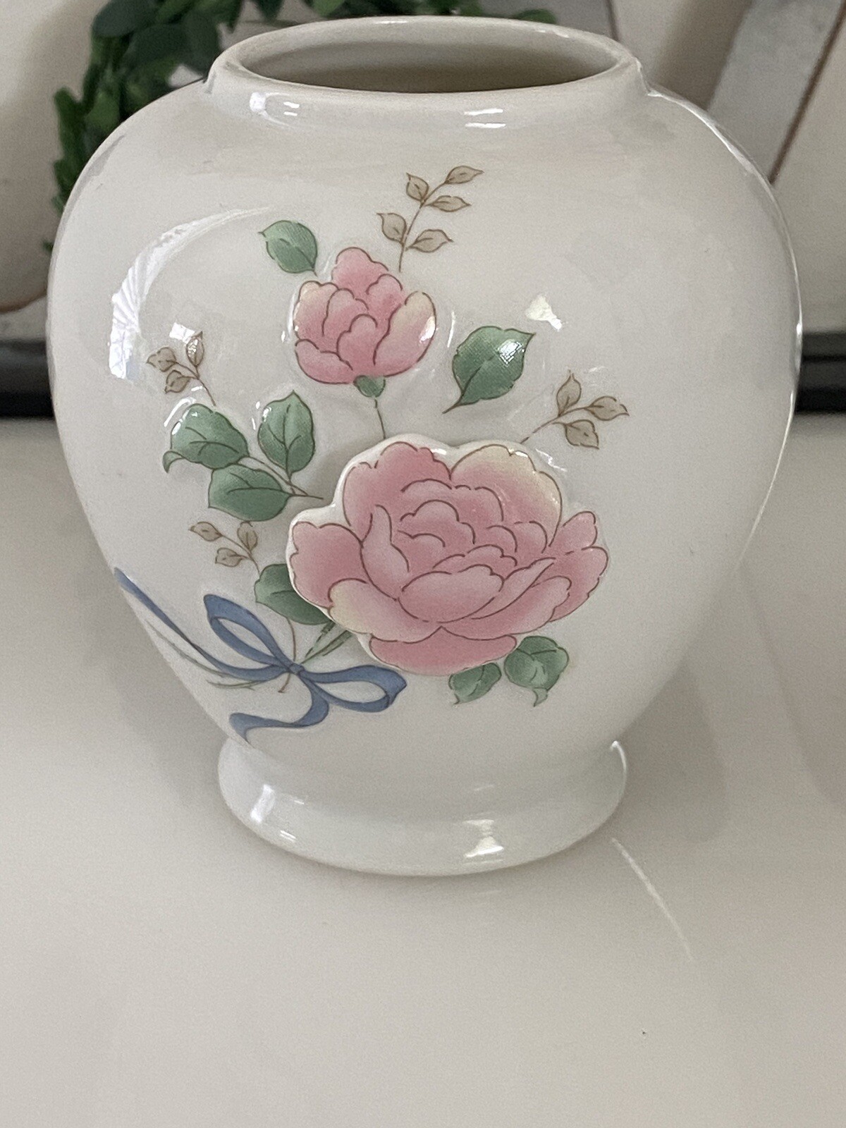 Vintage Japan Mini Vase 3D Raised Roses Porcelain Collectible White and Pink EUC