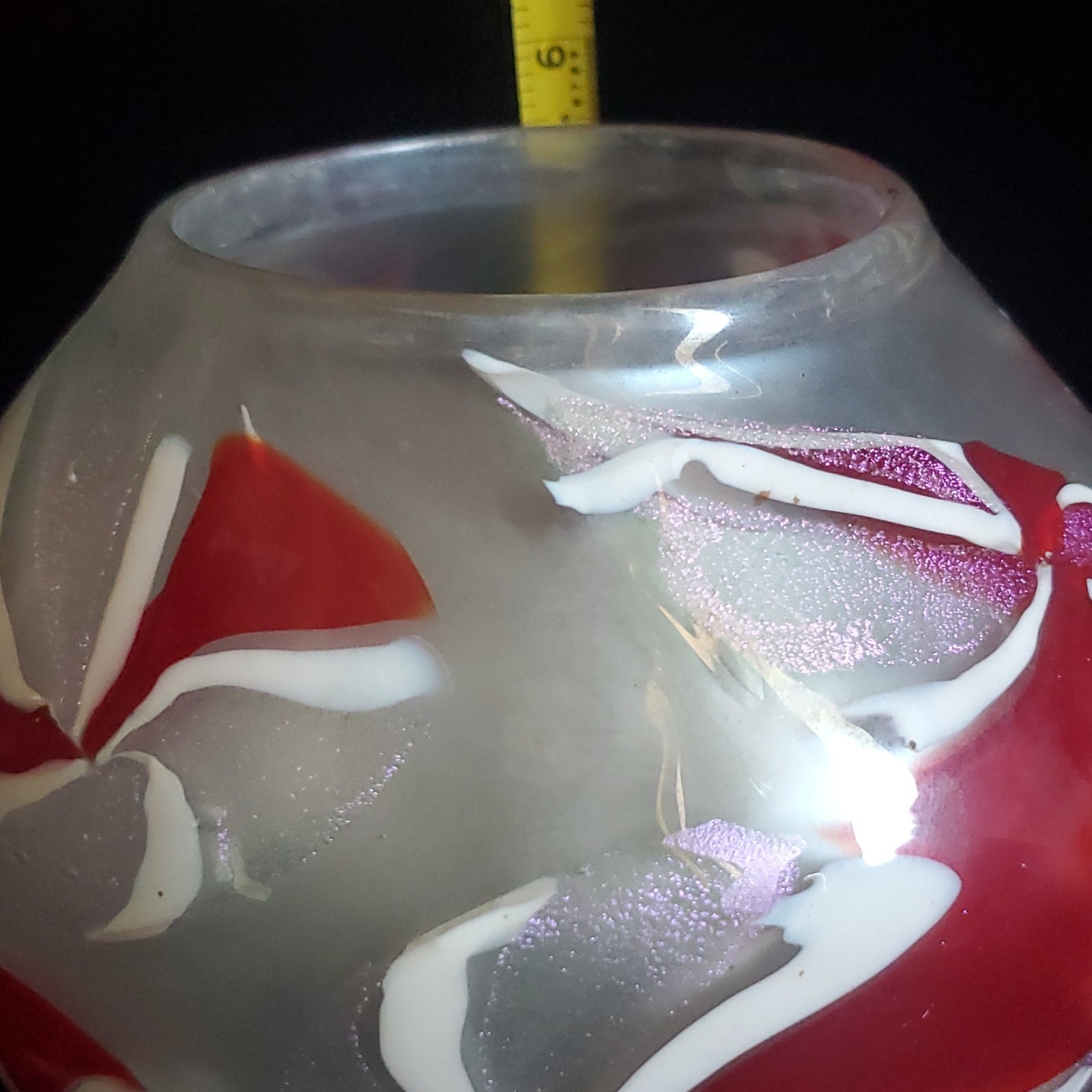 Signed Hand Blown Art Glass Vase Frosted Clear Red White Purple Modern 6 in
