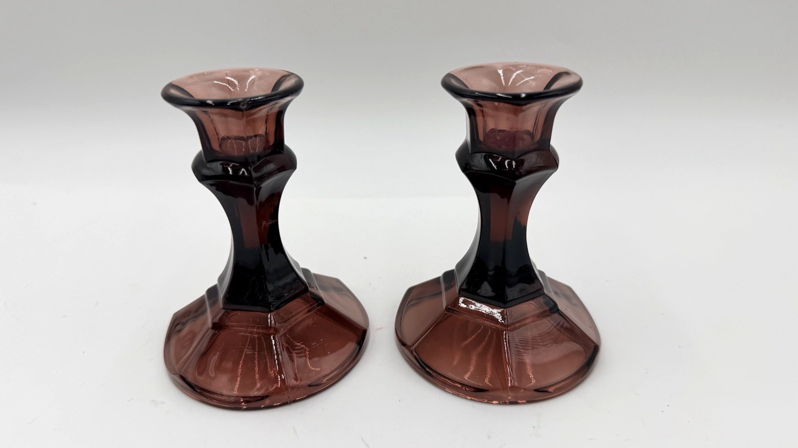 Vintage Set Of 2 Libbey Brandywine Amethyst Optic Glass Candlestick Holders 4″