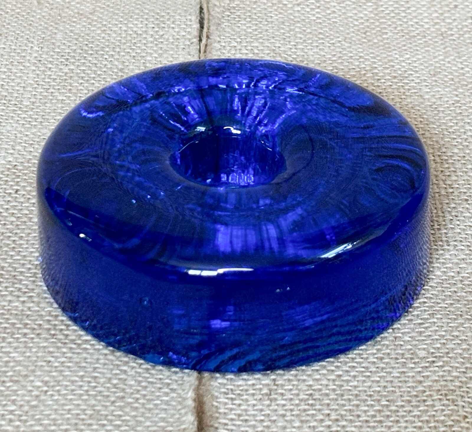 Cobalt Blue Round Art Glass Puck Candle Holder Paperweight Textured Base Vibrant