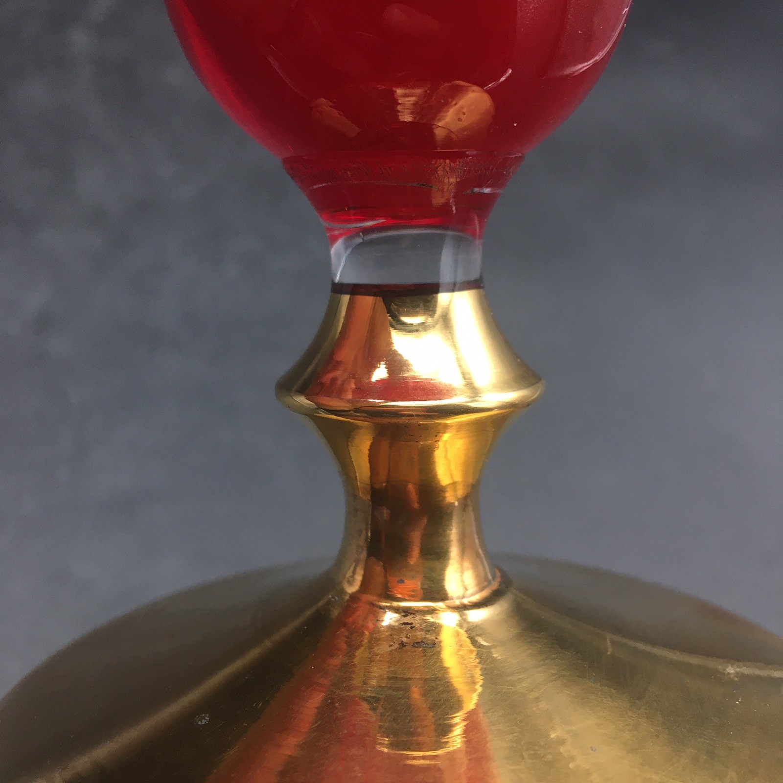 Vintage Japanese Ruby Glass Trumpet Vase Gold Trim Porcelain Flowers 11”