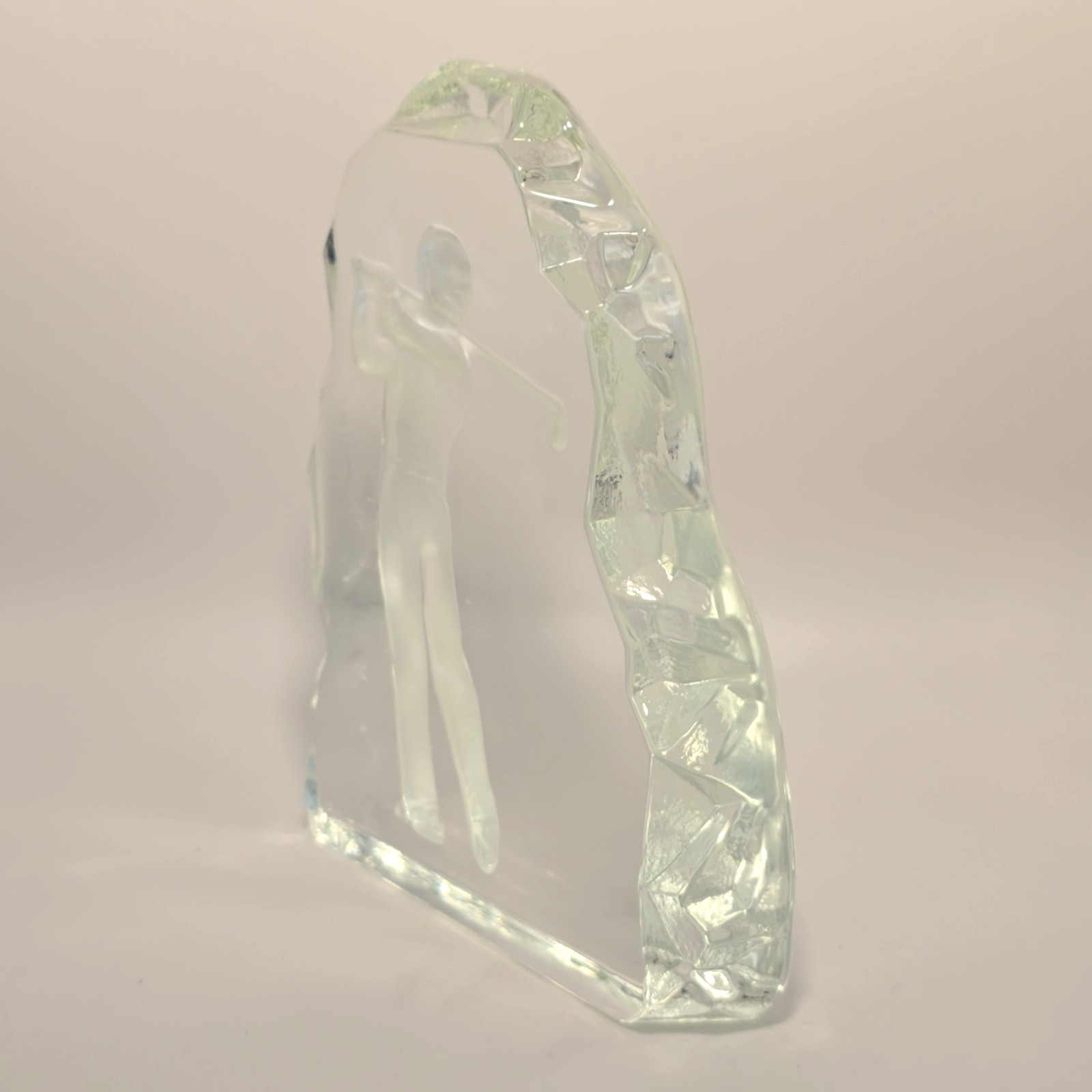 Nybro Sweden Crystal Golfer Paperweight Frosted Figure Clear Base 7″ Vintage