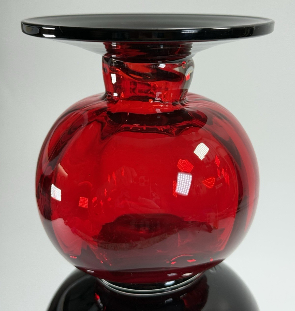 Heavy Pretty Black with Red Handblown Vase 10 1/2″ Tall