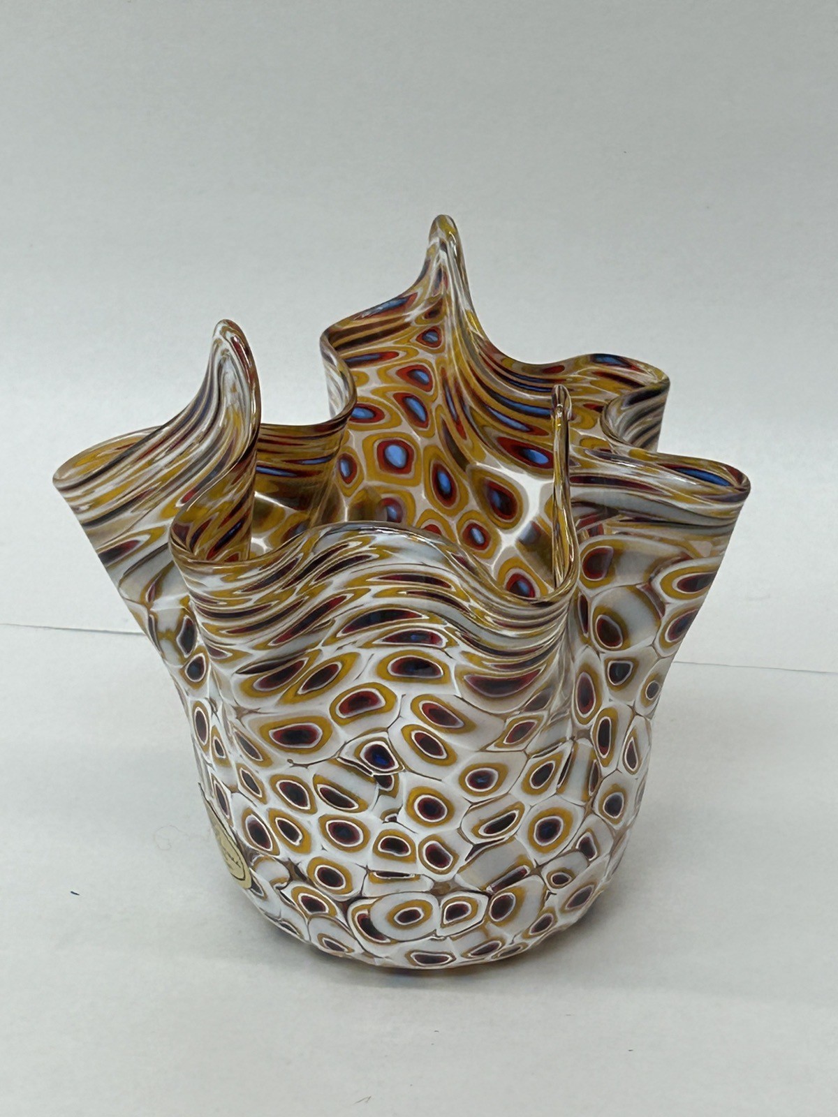 Murano Glass La Serenissima Millefiori Handkerchief Vase Bowl Italy Red Brown 4″