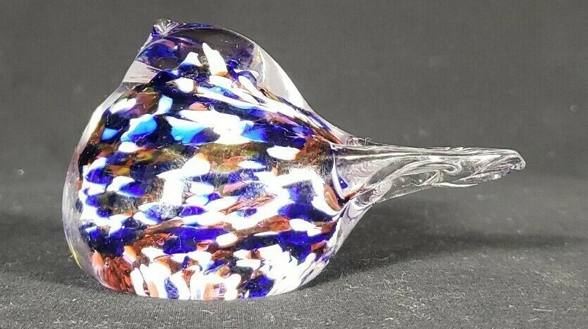 Art Glass Hand Blown Glass Bird Clear w Red White Blue Inside Swirl