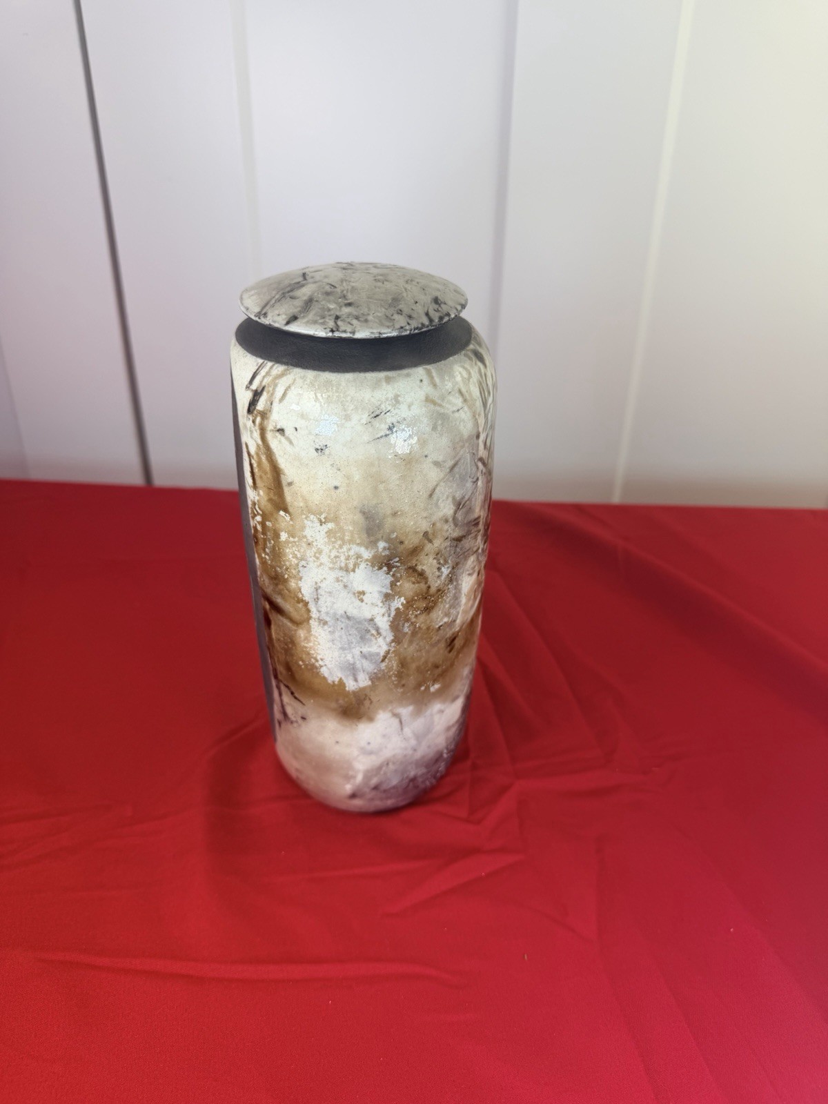 Dennis Kirchmann Studio Art Pottery Lidded Vase Jar 9.75” Incised Botanical Raku