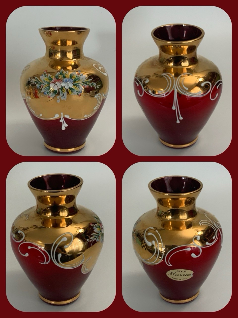 Vtg Murano Style Handpainted 5” Floral/Red/Gold Vase – Made In Italy – Beautiful