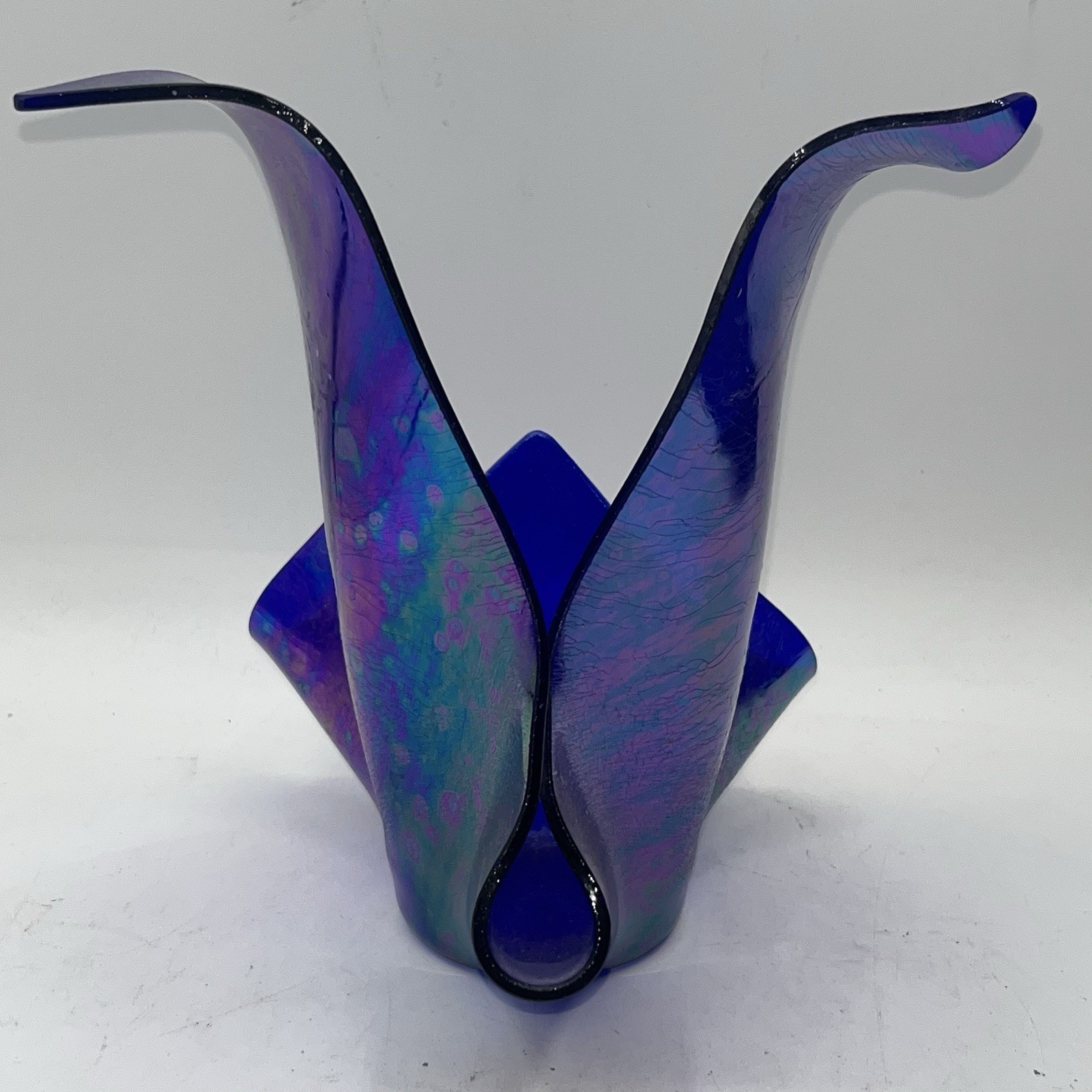 Iridescent Cobalt Blue Handkerchief Fused Art Glass Sculpture Vase Bowl 7”