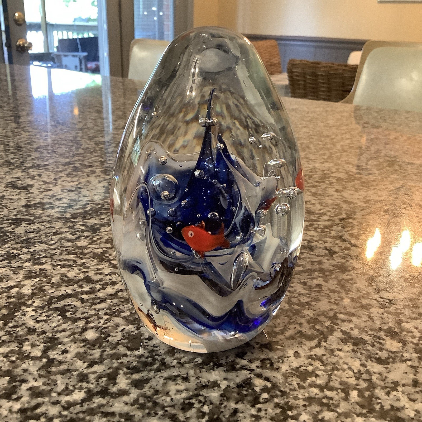 Paperweight Glass Seascape Blue/White Swirls Bubbles 5.5” Tall, 11” Diameter