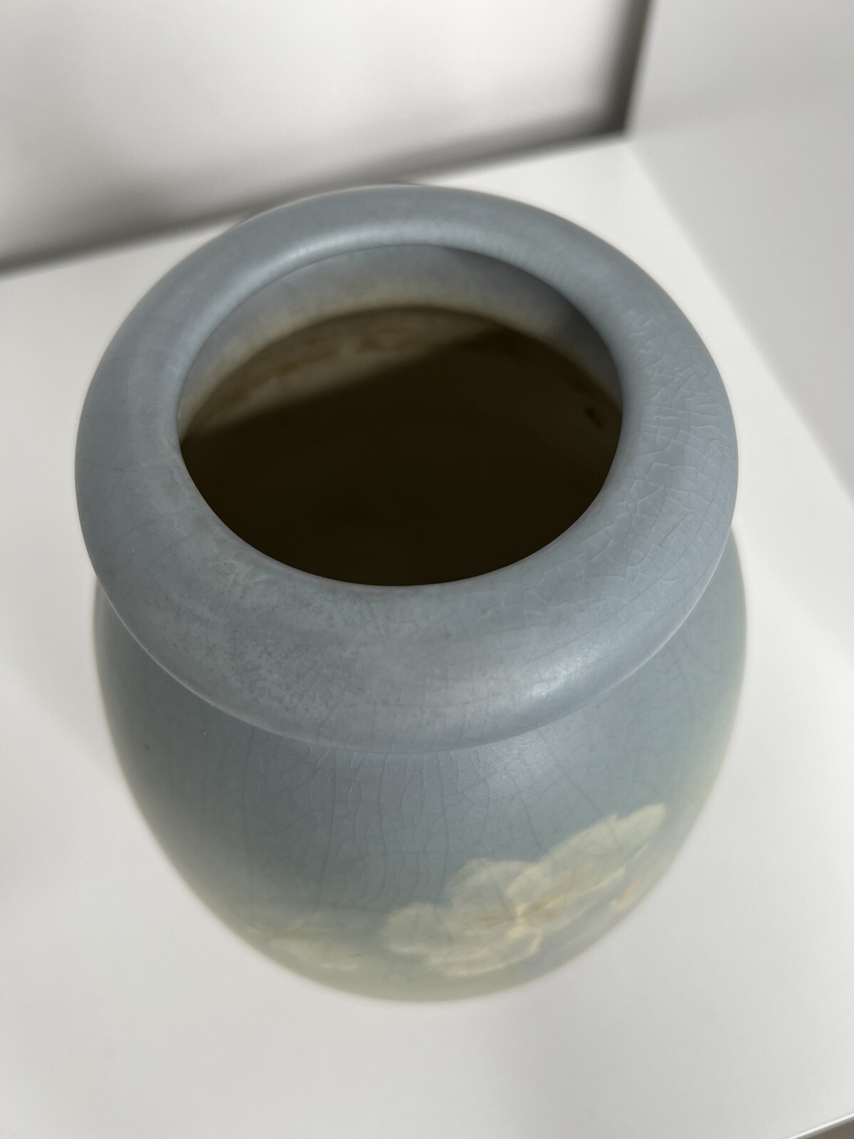 Weller Pottery Hudson Light Vase Hand Painted Floral Blue Vellum 1920s Antique