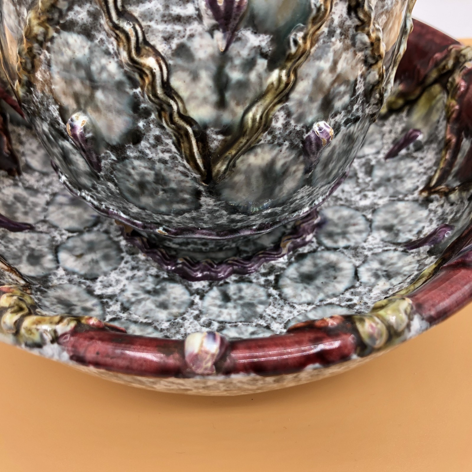 Majolica Pitcher & Bowl w/ Decorative Handle – Violet Gray Very Unique 6″